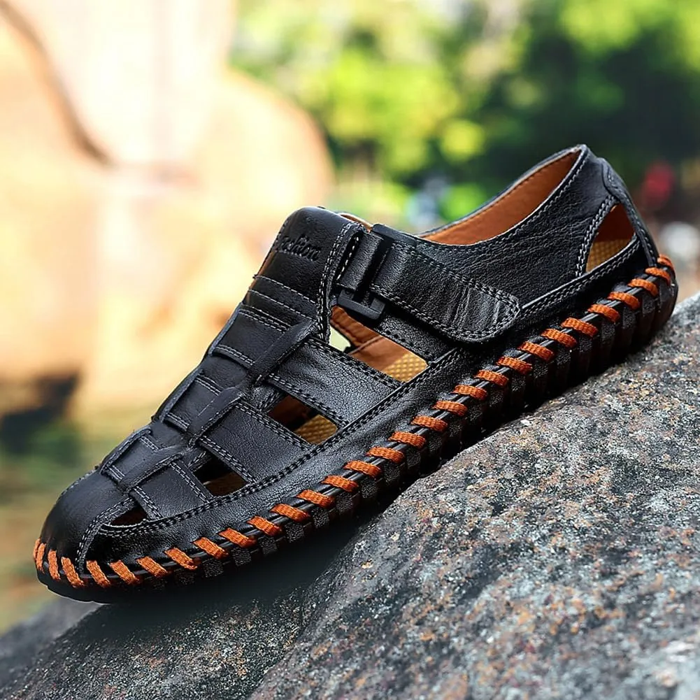 Qiucdzi Mens Sport Sandals Breathable Outdoor Fisherman Shoes Adjustable Closed Toe Summer Leather Loafters