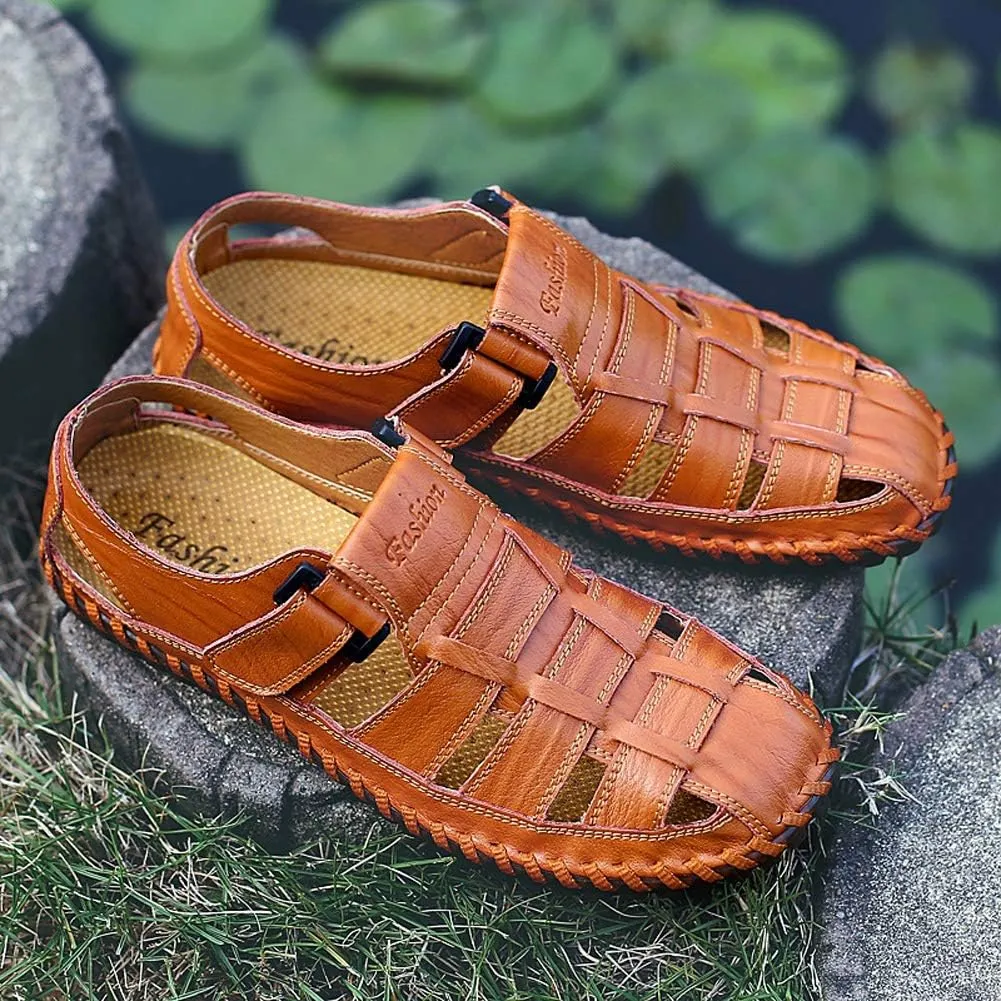 Qiucdzi Mens Sport Sandals Breathable Outdoor Fisherman Shoes Adjustable Closed Toe Summer Leather Loafters