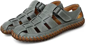 Qiucdzi Mens Sport Sandals Breathable Outdoor Fisherman Shoes Adjustable Closed Toe Summer Leather Loafters
