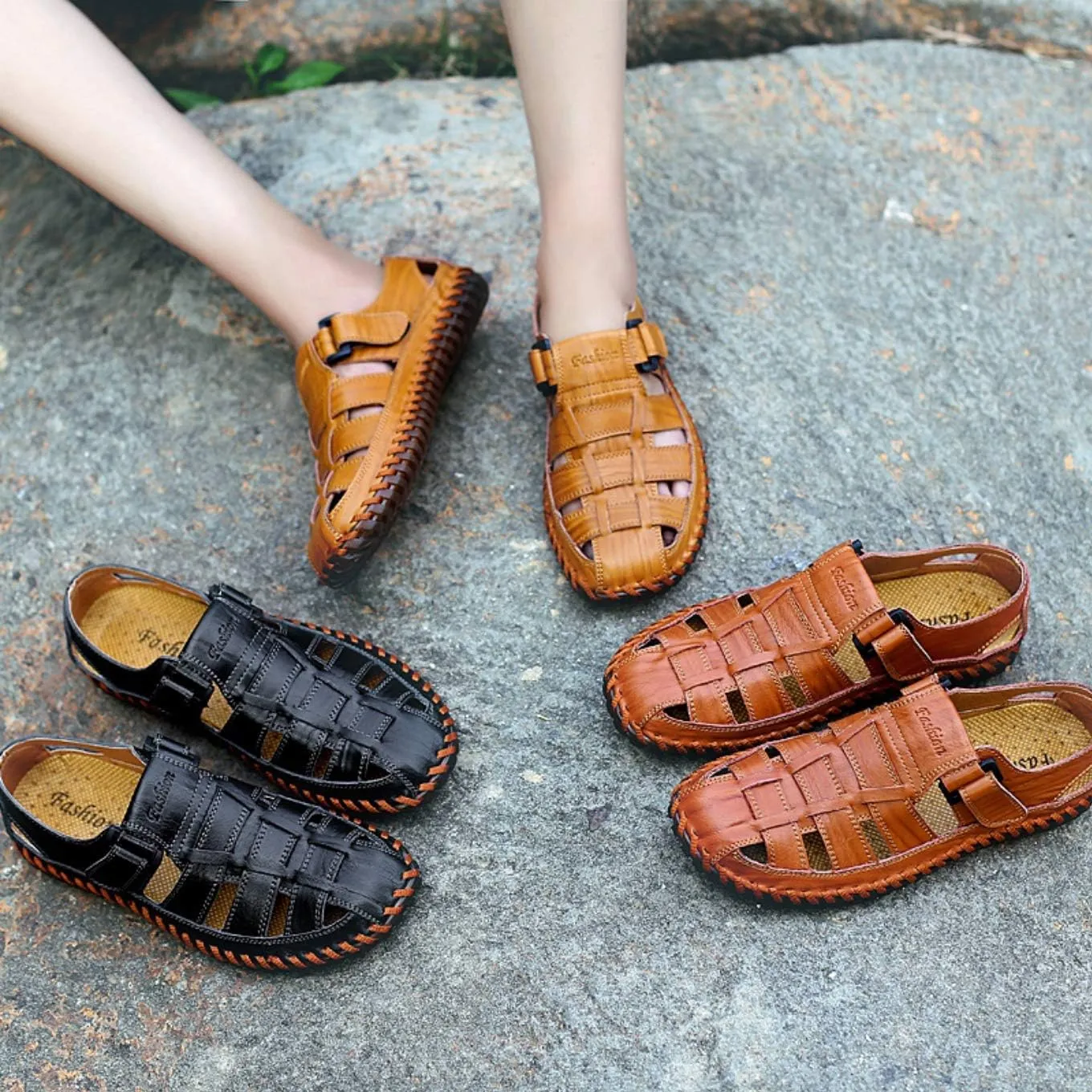 Qiucdzi Mens Sport Sandals Breathable Outdoor Fisherman Shoes Adjustable Closed Toe Summer Leather Loafters