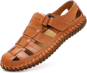 Qiucdzi Mens Sport Sandals Breathable Outdoor Fisherman Shoes Adjustable Closed Toe Summer Leather Loafters