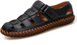 Qiucdzi Mens Sport Sandals Breathable Outdoor Fisherman Shoes Adjustable Closed Toe Summer Leather Loafters