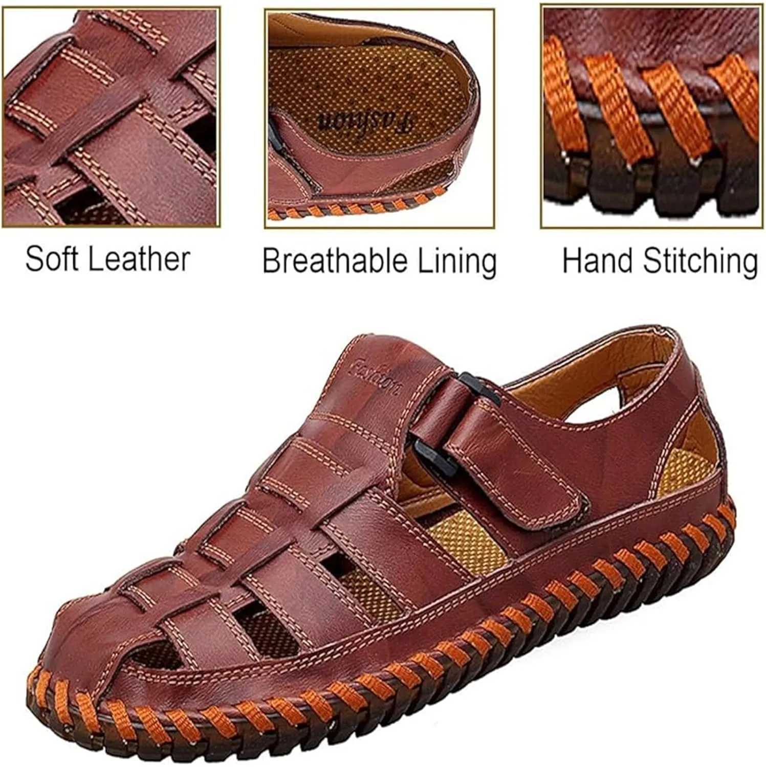Qiucdzi Mens Sport Sandals Breathable Outdoor Fisherman Shoes Adjustable Closed Toe Summer Leather Loafters