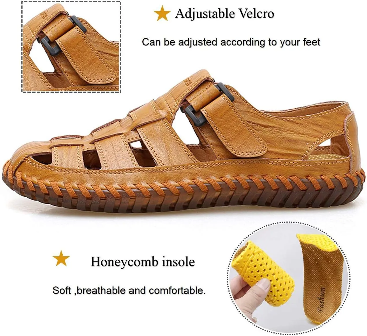 Qiucdzi Mens Sport Sandals Breathable Outdoor Fisherman Shoes Adjustable Closed Toe Summer Leather Loafters