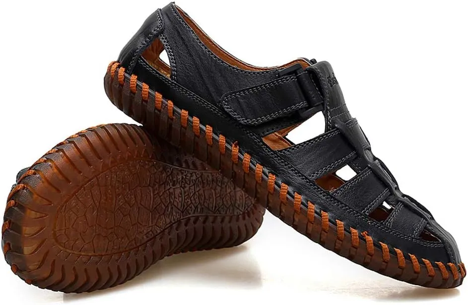 Qiucdzi Mens Sport Sandals Breathable Outdoor Fisherman Shoes Adjustable Closed Toe Summer Leather Loafters