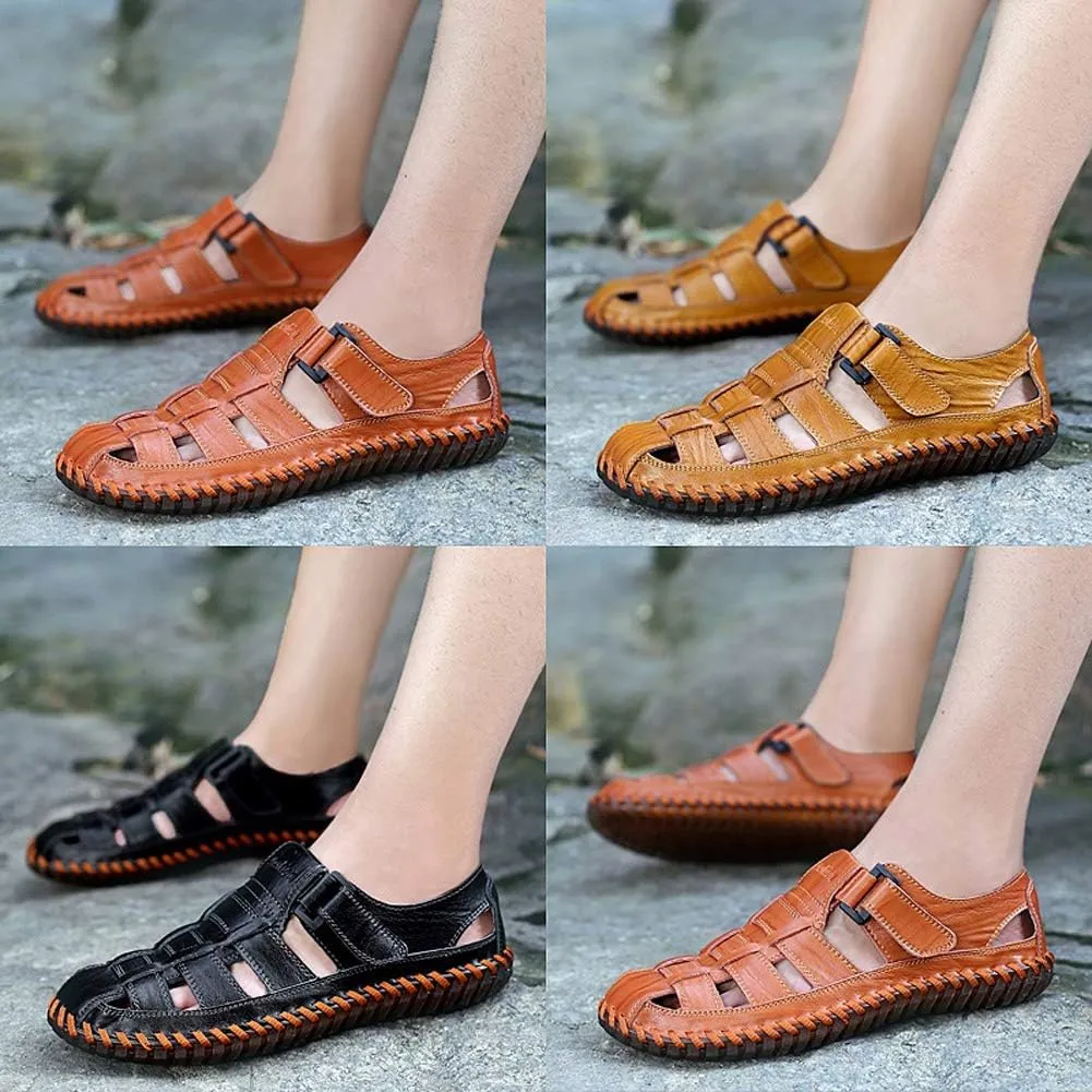 Qiucdzi Mens Sport Sandals Breathable Outdoor Fisherman Shoes Adjustable Closed Toe Summer Leather Loafters