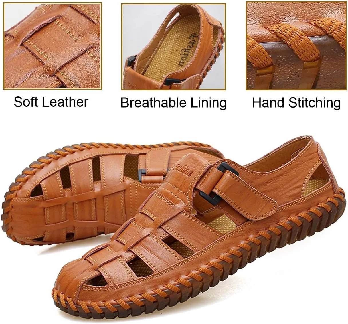 Qiucdzi Mens Sport Sandals Breathable Outdoor Fisherman Shoes Adjustable Closed Toe Summer Leather Loafters
