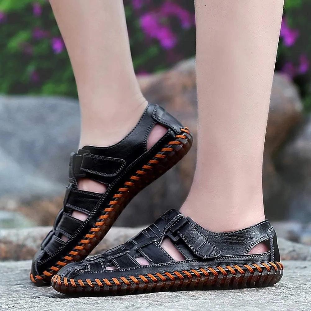 Qiucdzi Mens Sport Sandals Breathable Outdoor Fisherman Shoes Adjustable Closed Toe Summer Leather Loafters