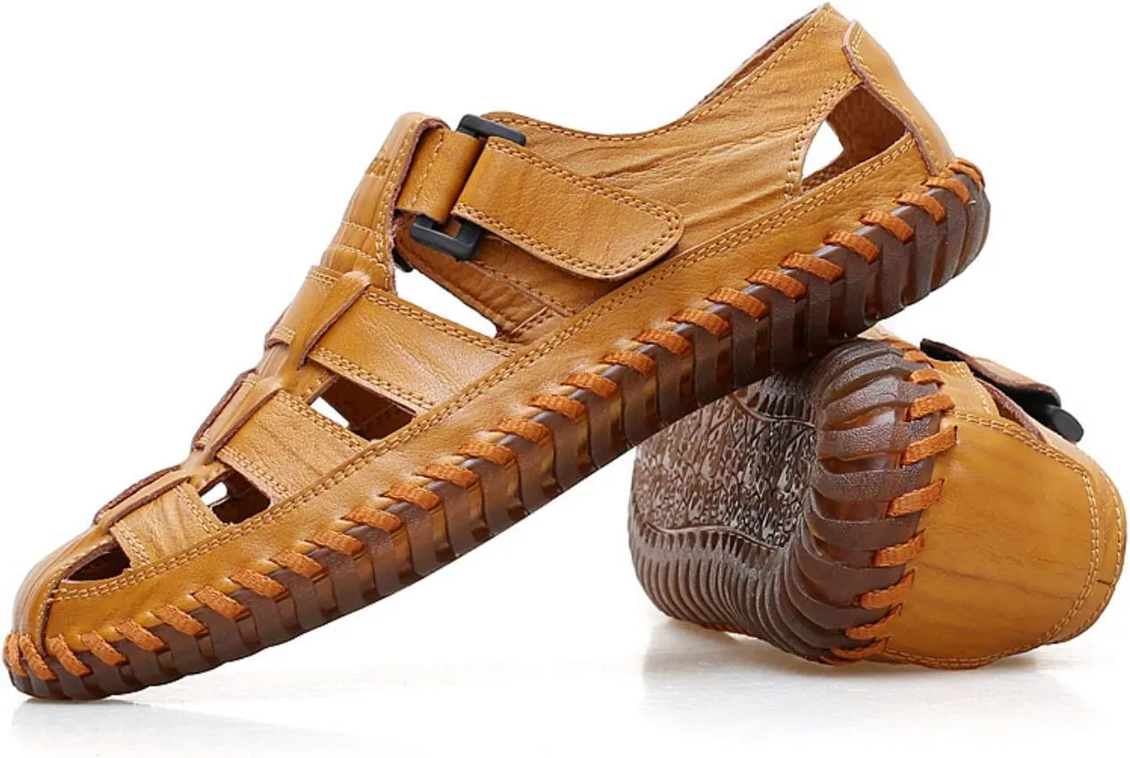 Qiucdzi Mens Sport Sandals Breathable Outdoor Fisherman Shoes Adjustable Closed Toe Summer Leather Loafters