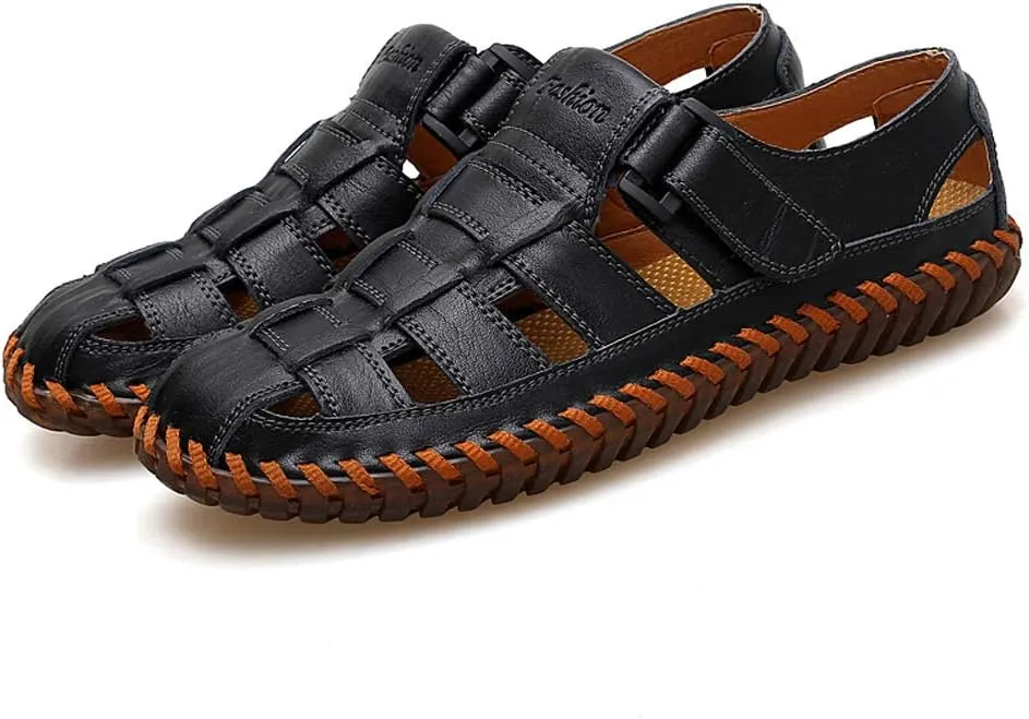 Qiucdzi Mens Sport Sandals Breathable Outdoor Fisherman Shoes Adjustable Closed Toe Summer Leather Loafters