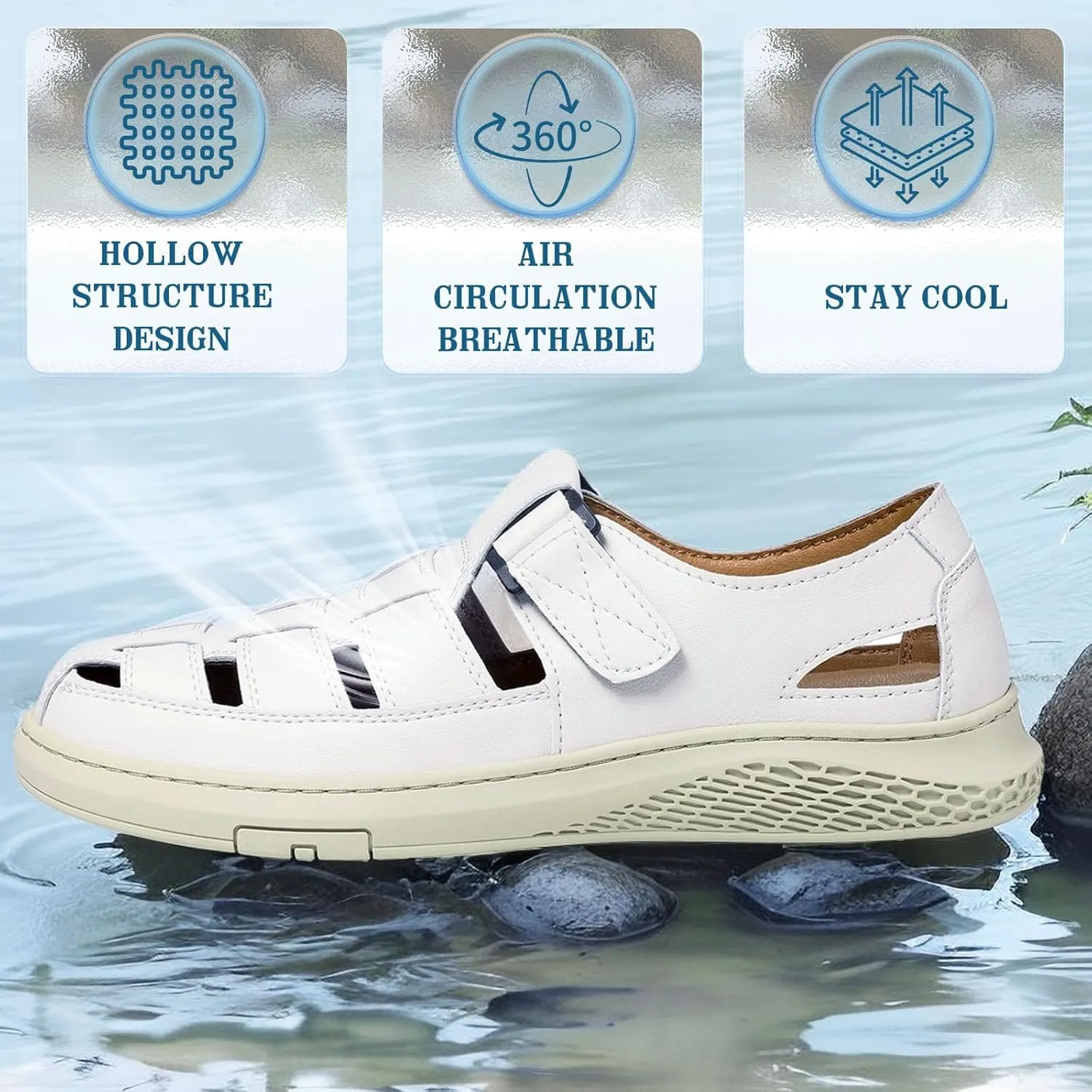 Qiucdzi Men's Sport Sandals Leather Closed Toe Sandal Breathable Outdoor Fisherman Shoes Adjustable Summer Beach Shoes for Hiking Walking