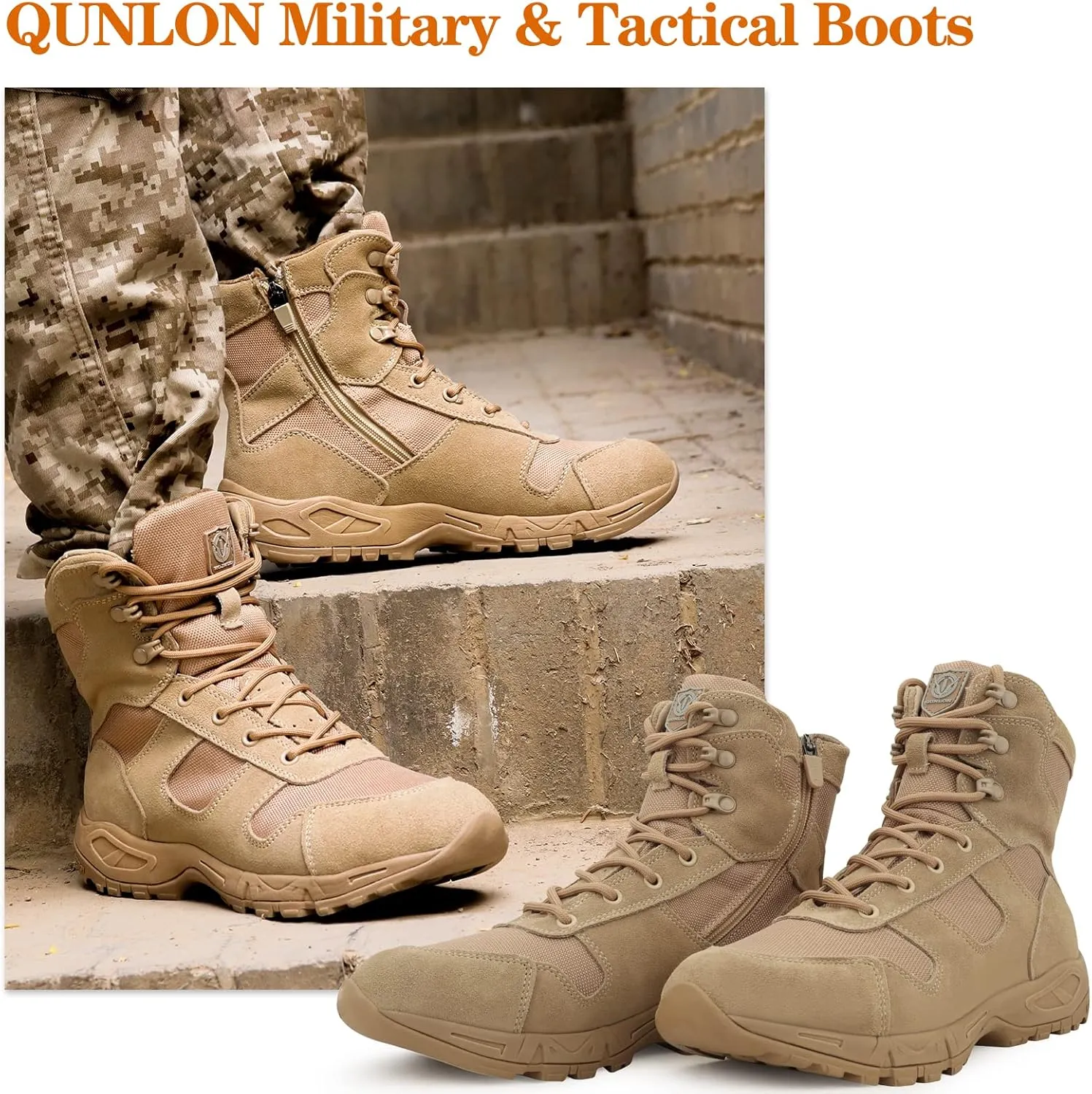 QUNLON Tactical Military Combat Boots Lightweight Desert Jungle Army Work Outdoor Motorcycle Boots Side Zipper