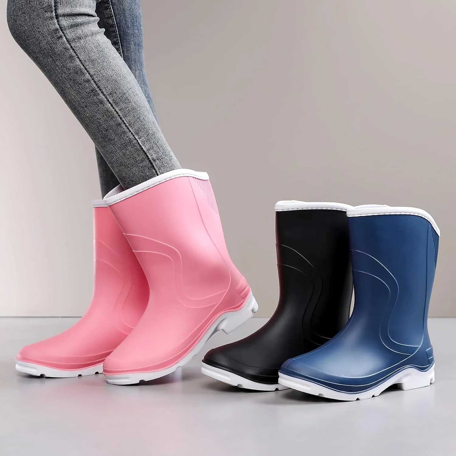 Rain Boots for Women，Waterproof Garden Rubber Boots, Non-slip Width Mid-Calf Comfort Short Boots, Ankle Rainboots Boots, Lightweight Platform Mud Boots Water Shoes for Outdoor Working Fishing