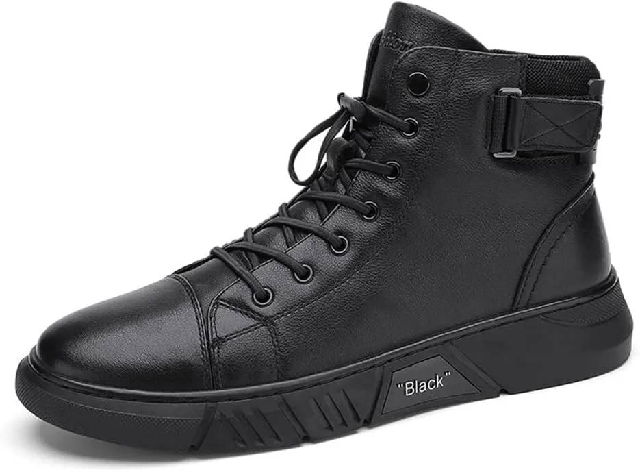 Recyphi High-Top Casual Leather Boots for Mens Handmade Shoes All Black Round Toe Waterproof Business Boots