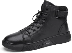 Recyphi High-Top Casual Leather Boots for Mens Handmade Shoes All Black Round Toe Waterproof Business Boots