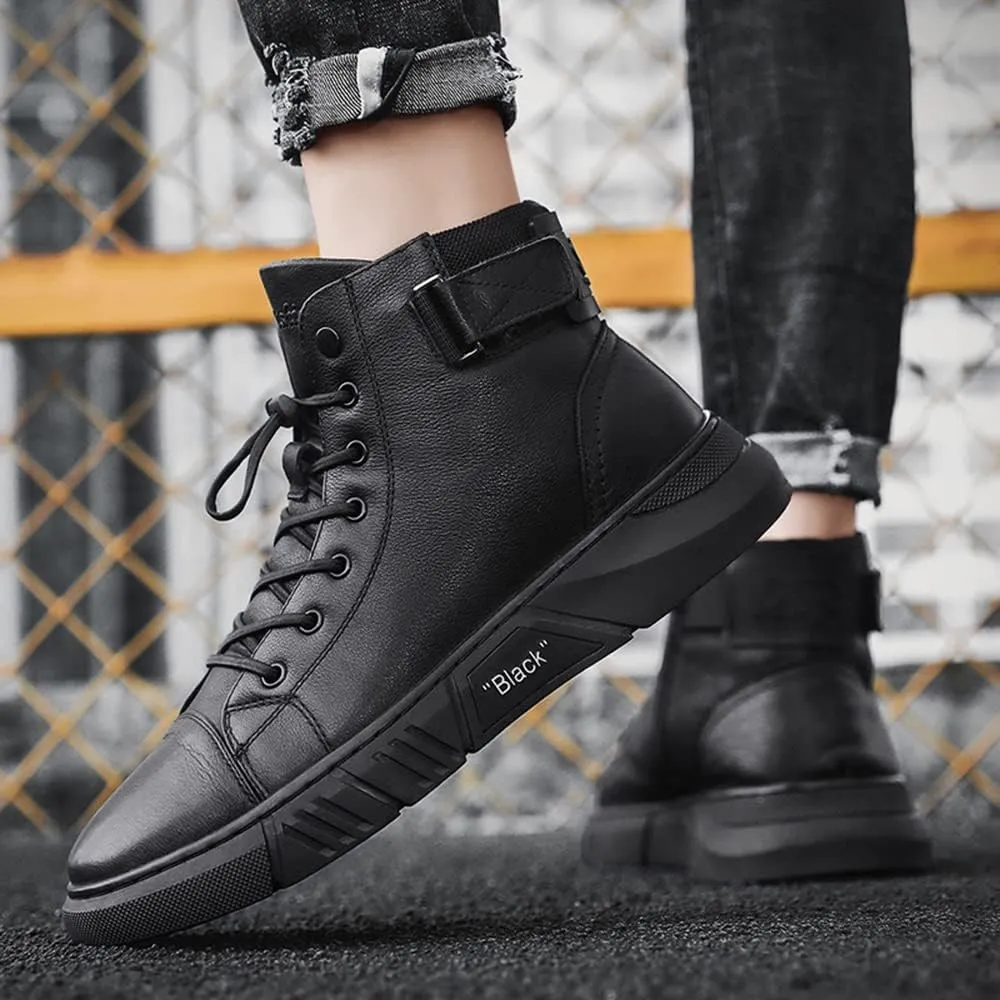 Recyphi High-Top Casual Leather Boots for Mens Handmade Shoes All Black Round Toe Waterproof Business Boots