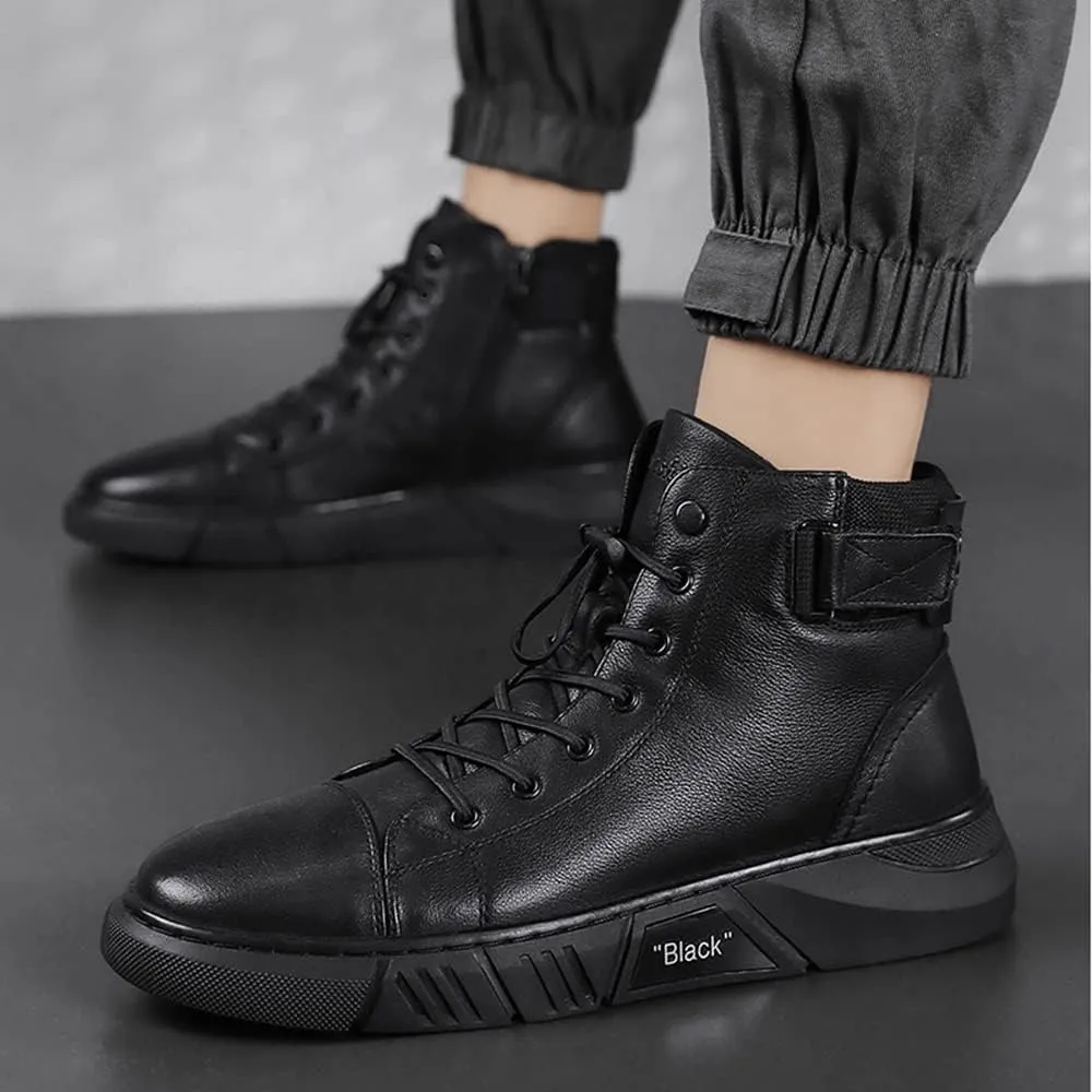 Recyphi High-Top Casual Leather Boots for Mens Handmade Shoes All Black Round Toe Waterproof Business Boots