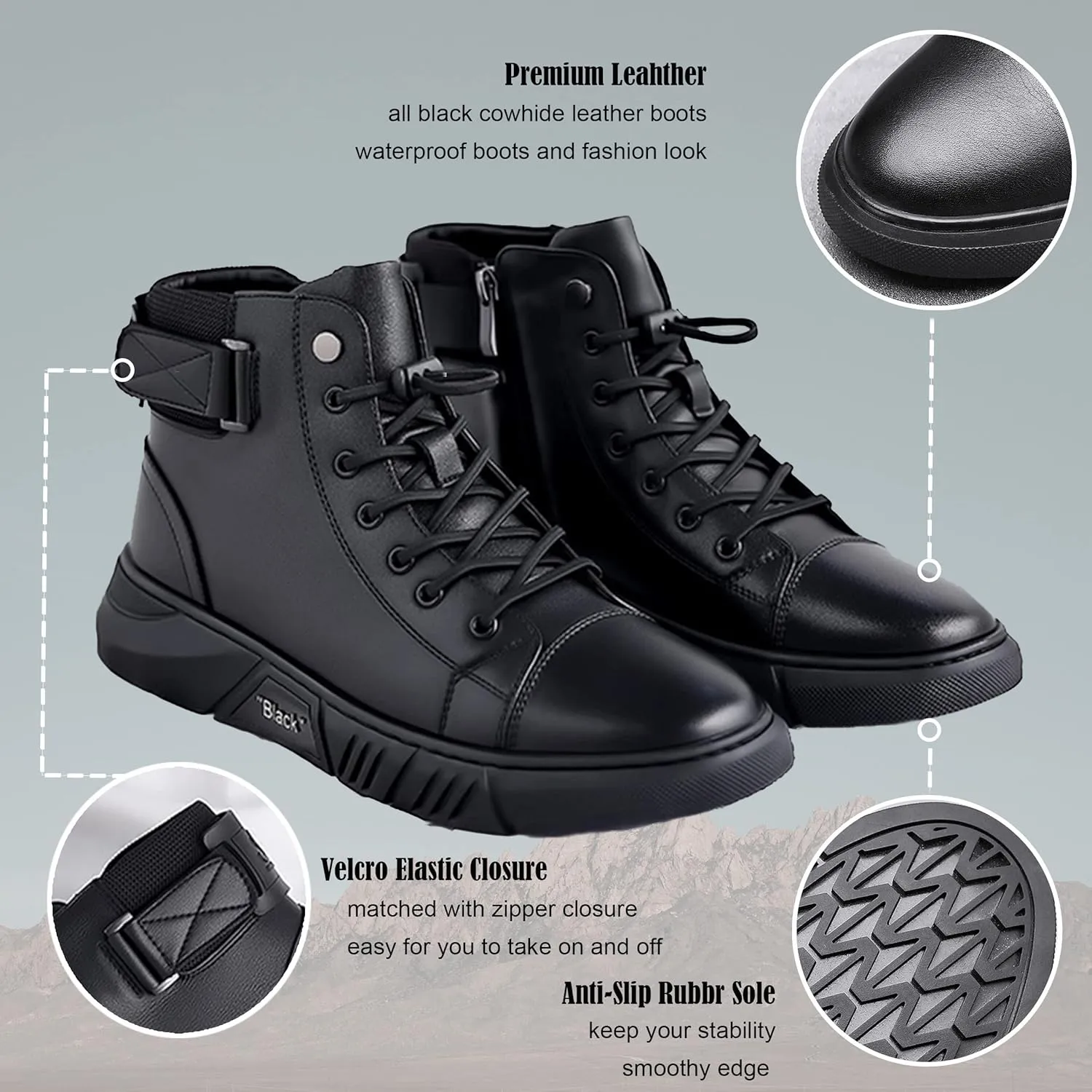 Recyphi High-Top Casual Leather Boots for Mens Handmade Shoes All Black Round Toe Waterproof Business Boots