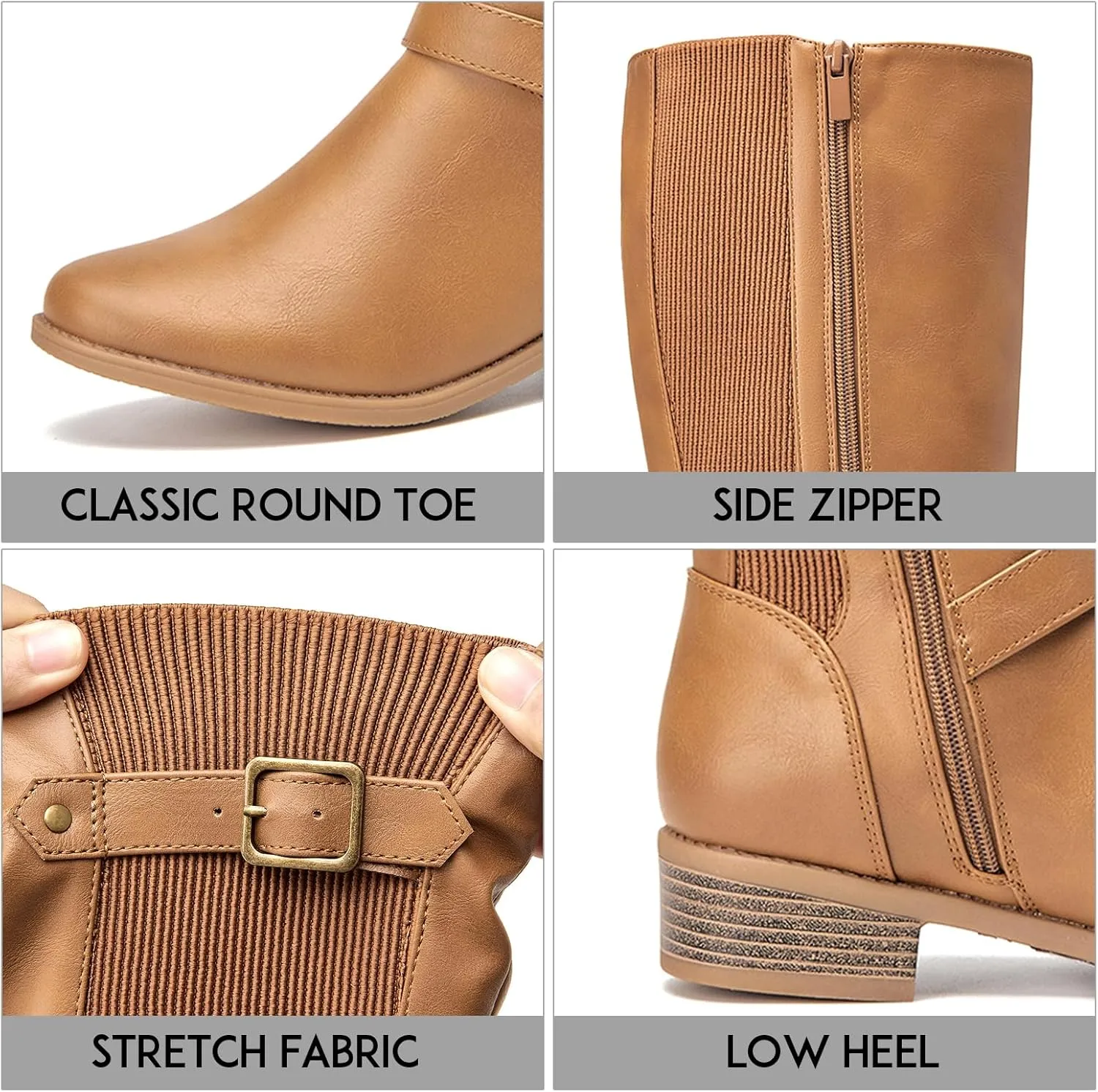 RELLSA Women's Low Heel Knee High Boots Buckle Strap Stretch Riding Boots Round Toe Fashion Dress Boot