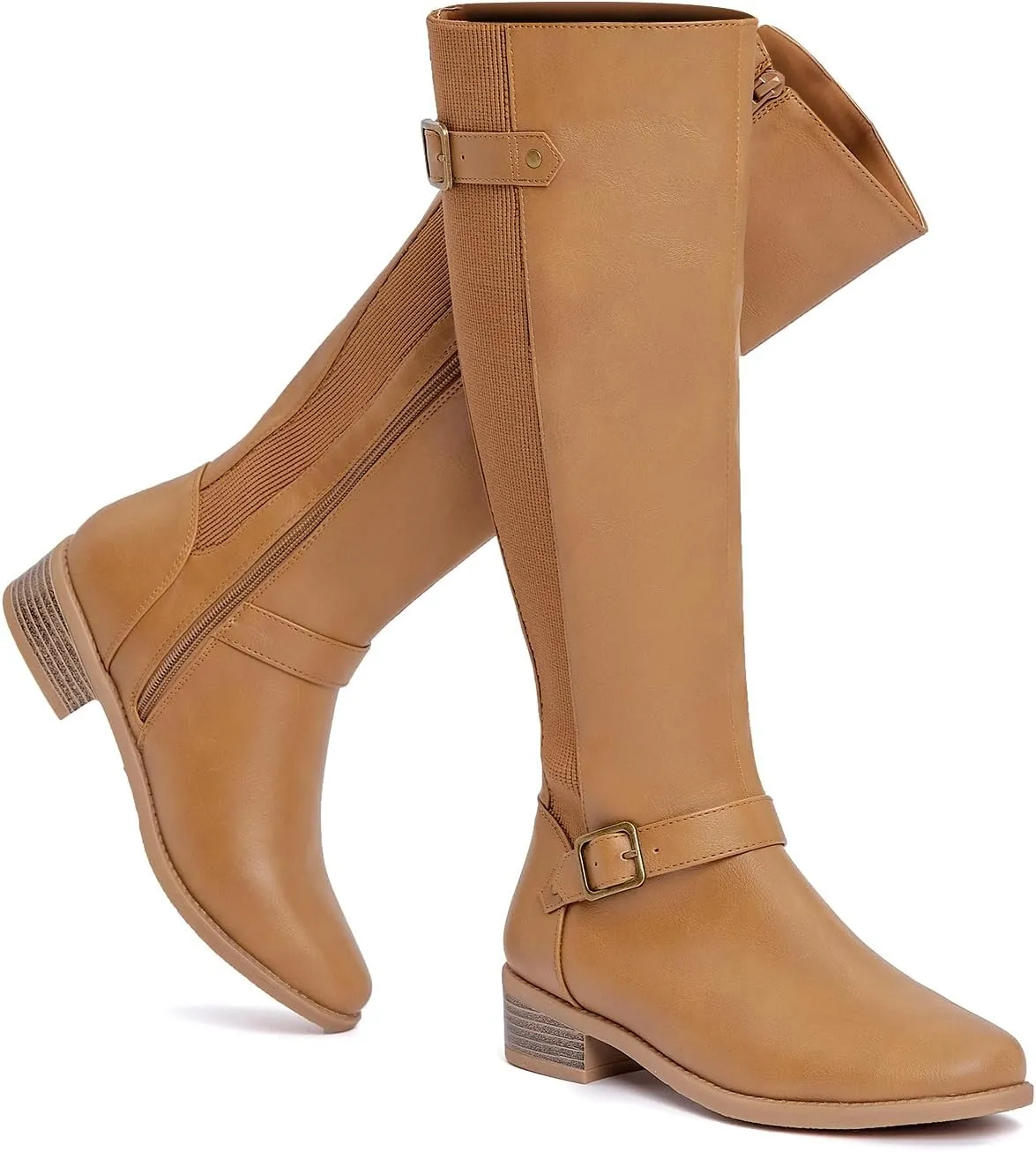 RELLSA Women's Low Heel Knee High Boots Buckle Strap Stretch Riding Boots Round Toe Fashion Dress Boot