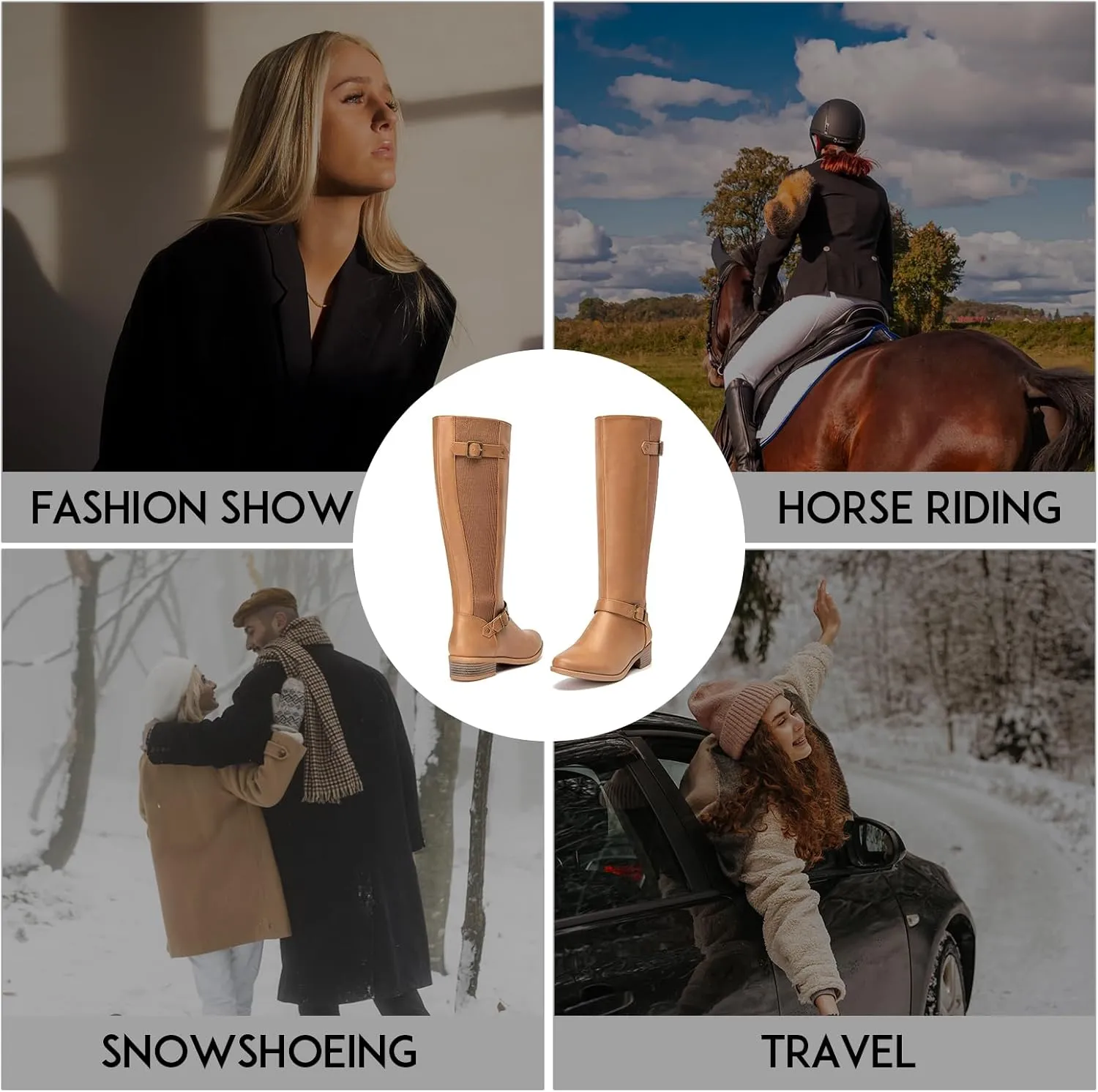 RELLSA Women's Low Heel Knee High Boots Buckle Strap Stretch Riding Boots Round Toe Fashion Dress Boot