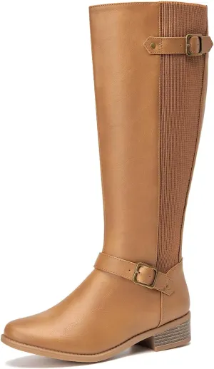 RELLSA Women's Low Heel Knee High Boots Buckle Strap Stretch Riding Boots Round Toe Fashion Dress Boot