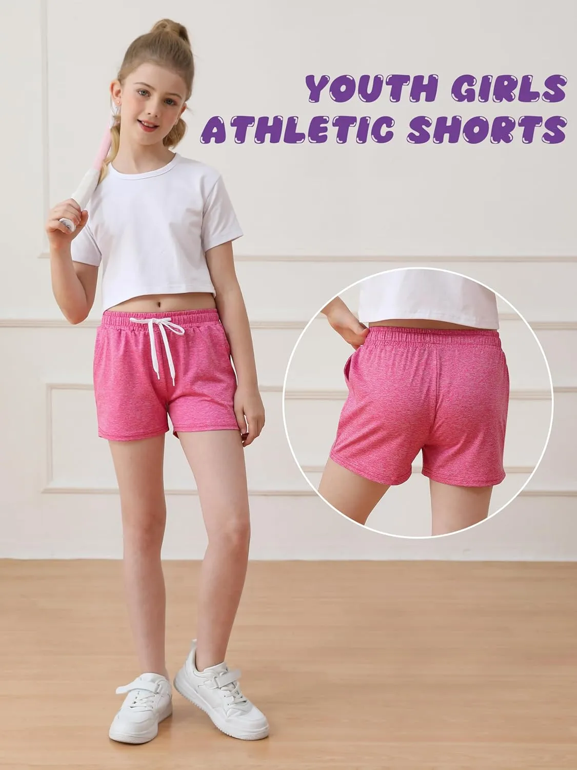 Resinta 5 Packs Youth Girls Athletic Shorts with Drawstring Pockets Girls Soccer Running Shorts for Yoga Workout Dance