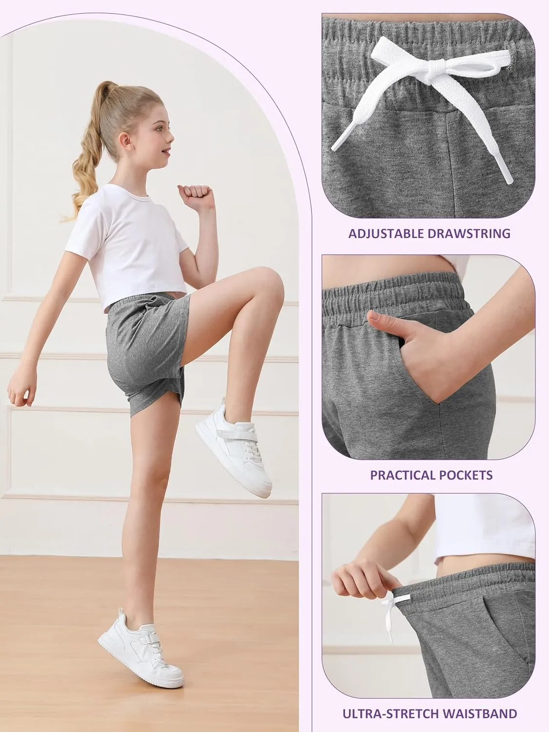 Resinta 5 Packs Youth Girls Athletic Shorts with Drawstring Pockets Girls Soccer Running Shorts for Yoga Workout Dance
