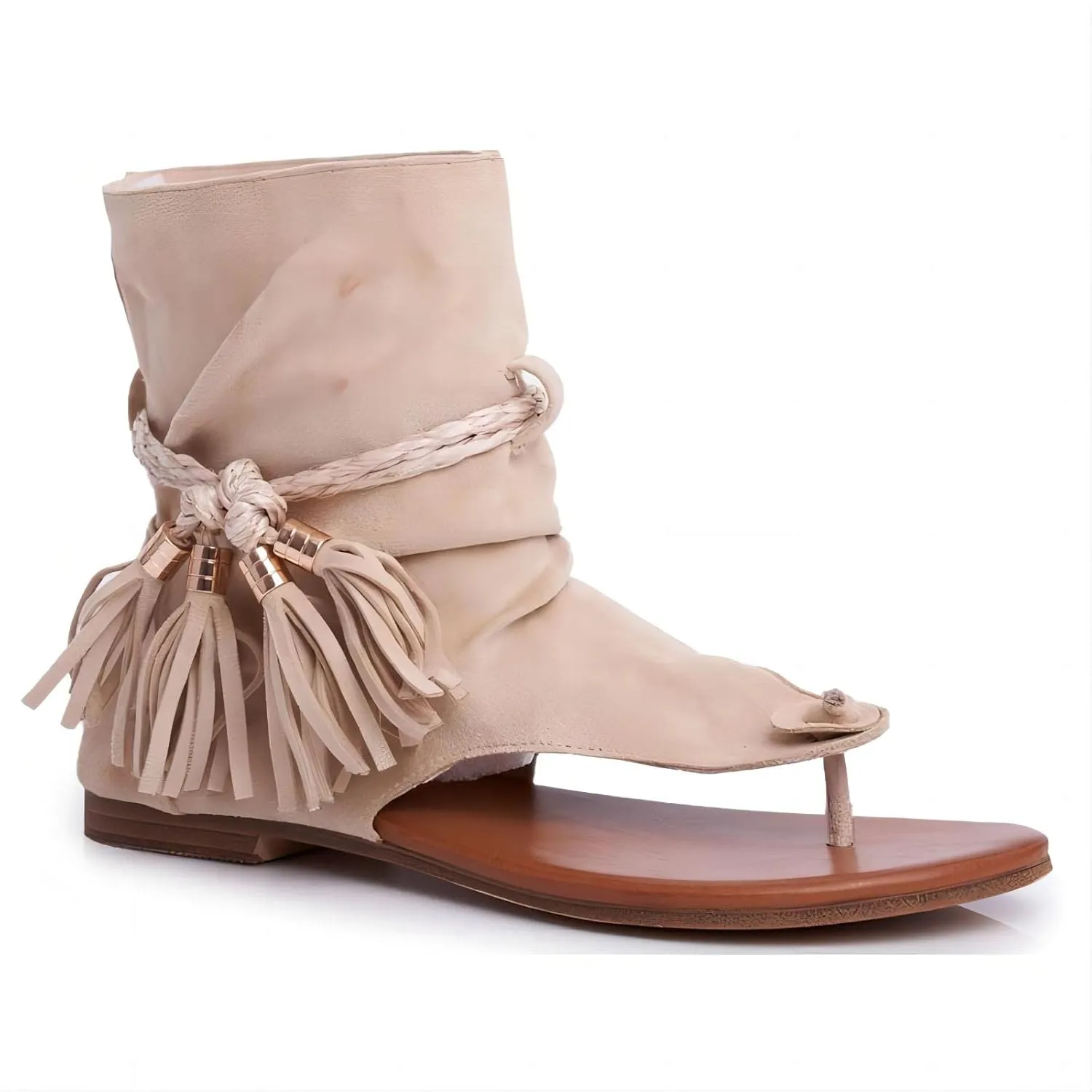 Retro Flat Tassel Gladiator Sandals for Women Bohemian Clip-Toe Flocking Fringe Sandals Casual Summer T-Strap Sandals