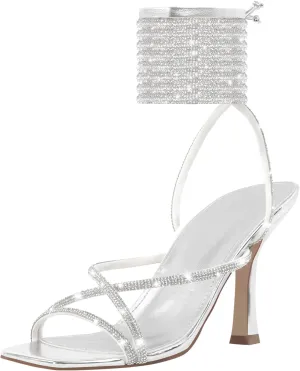 Richealnana Women's Clear Block Heel Lace Up Rhinestones Dress Sandals
