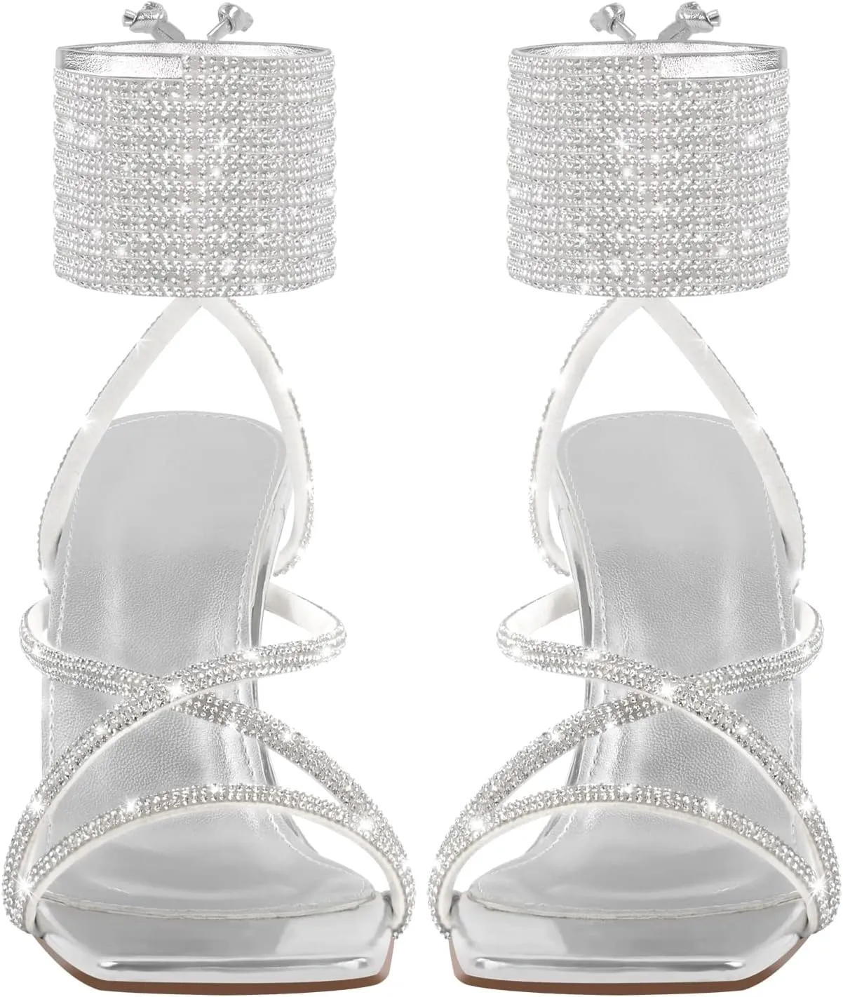 Richealnana Women's Clear Block Heel Lace Up Rhinestones Dress Sandals
