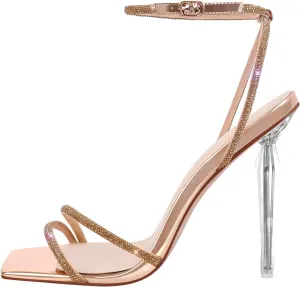 Richealnana Women's Clear Heel Rhinestones Sparkly Diamonds Ankle Straps Sandals For Party Prom