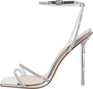 Richealnana Women's Clear Heel Rhinestones Sparkly Diamonds Ankle Straps Sandals For Party Prom