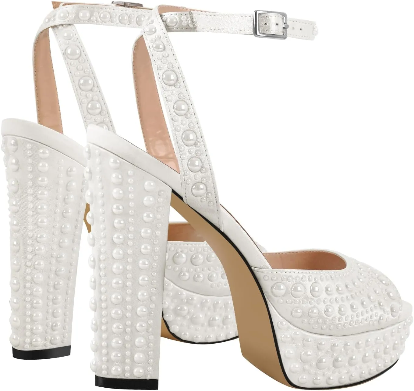 Richealnana Women's Platform Pearl Chunky Heel Wedding Sandals Ankle Strap With Buckle Open Toe High Heel Sandals For Party Prom
