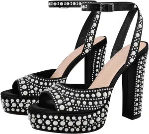 Richealnana Women's Platform Pearl Chunky Heel Wedding Sandals Ankle Strap With Buckle Open Toe High Heel Sandals For Party Prom