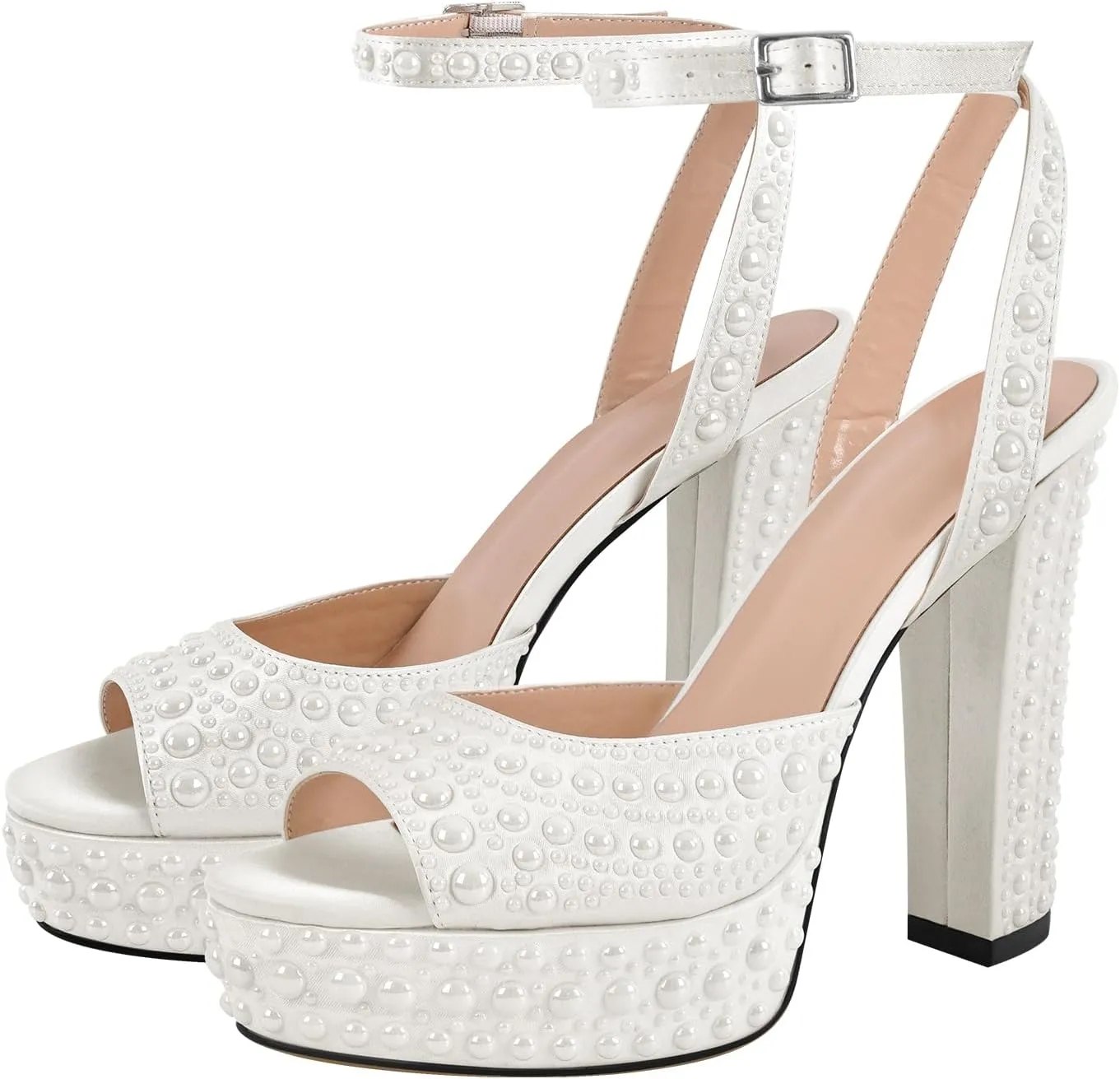 Richealnana Women's Platform Pearl Chunky Heel Wedding Sandals Ankle Strap With Buckle Open Toe High Heel Sandals For Party Prom
