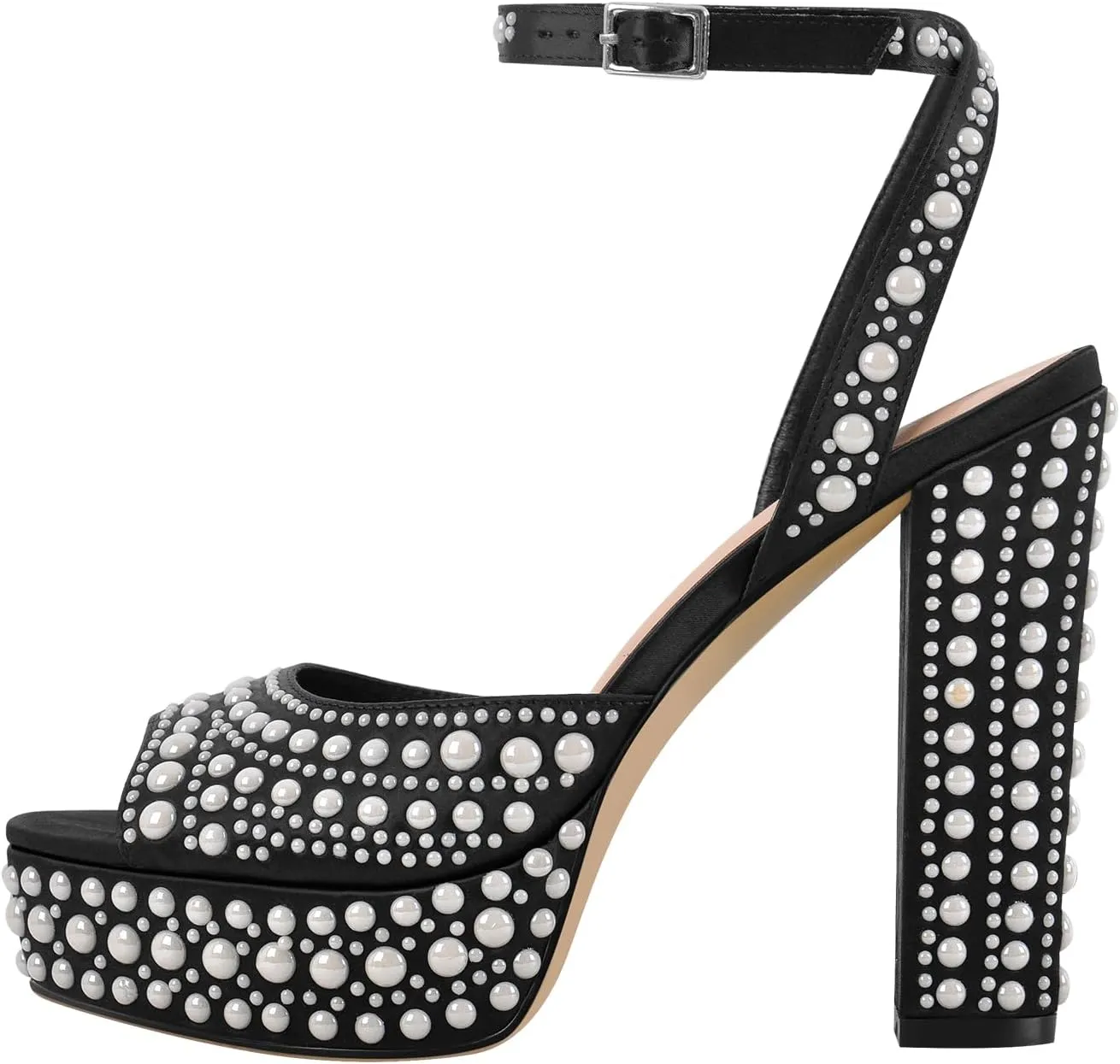 Richealnana Women's Platform Pearl Chunky Heel Wedding Sandals Ankle Strap With Buckle Open Toe High Heel Sandals For Party Prom