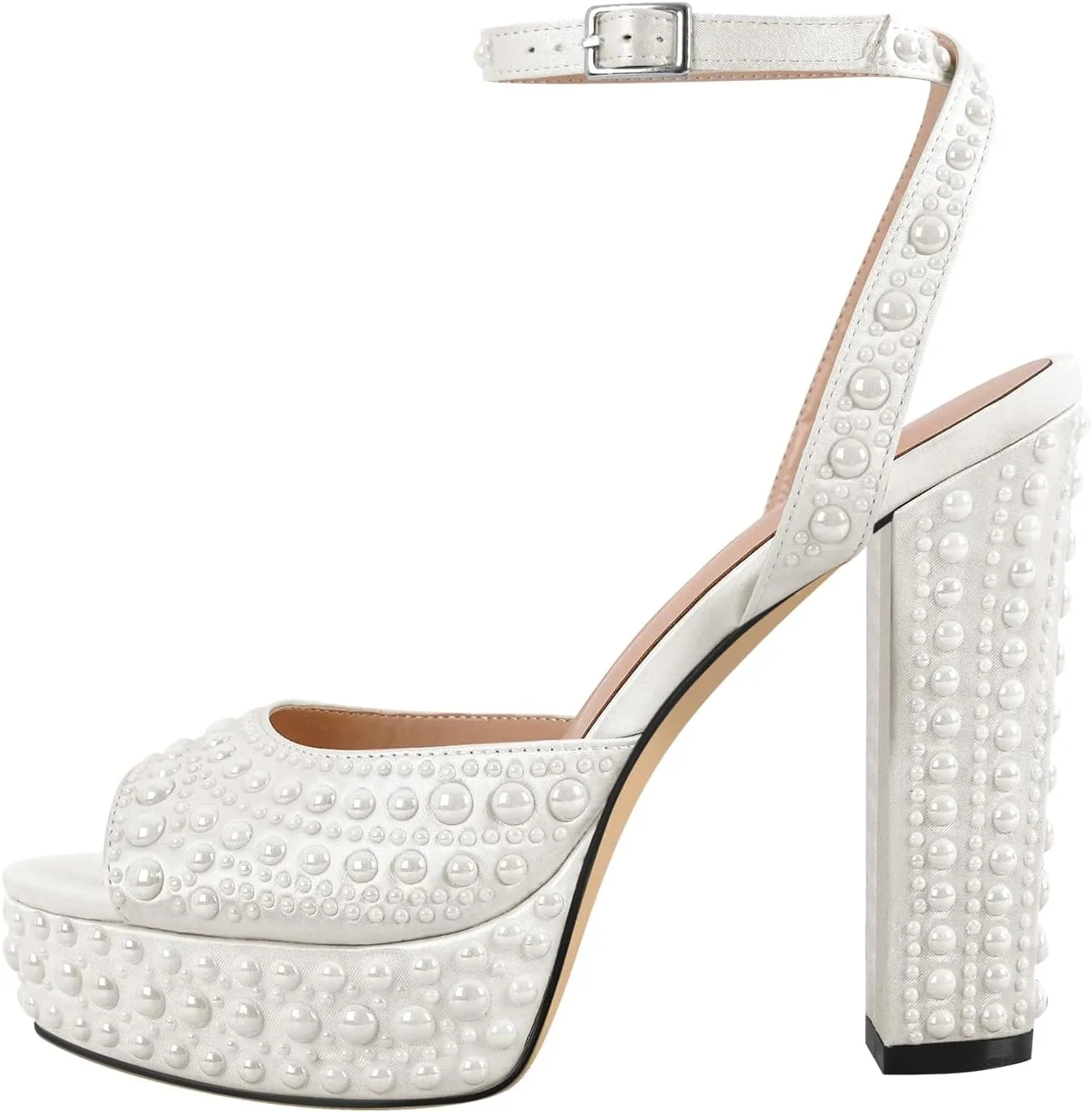 Richealnana Women's Platform Pearl Chunky Heel Wedding Sandals Ankle Strap With Buckle Open Toe High Heel Sandals For Party Prom