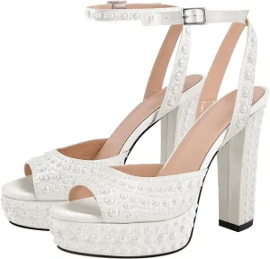 Richealnana Women's Platform Pearl Chunky Heel Wedding Sandals Ankle Strap With Buckle Open Toe High Heel Sandals For Party Prom