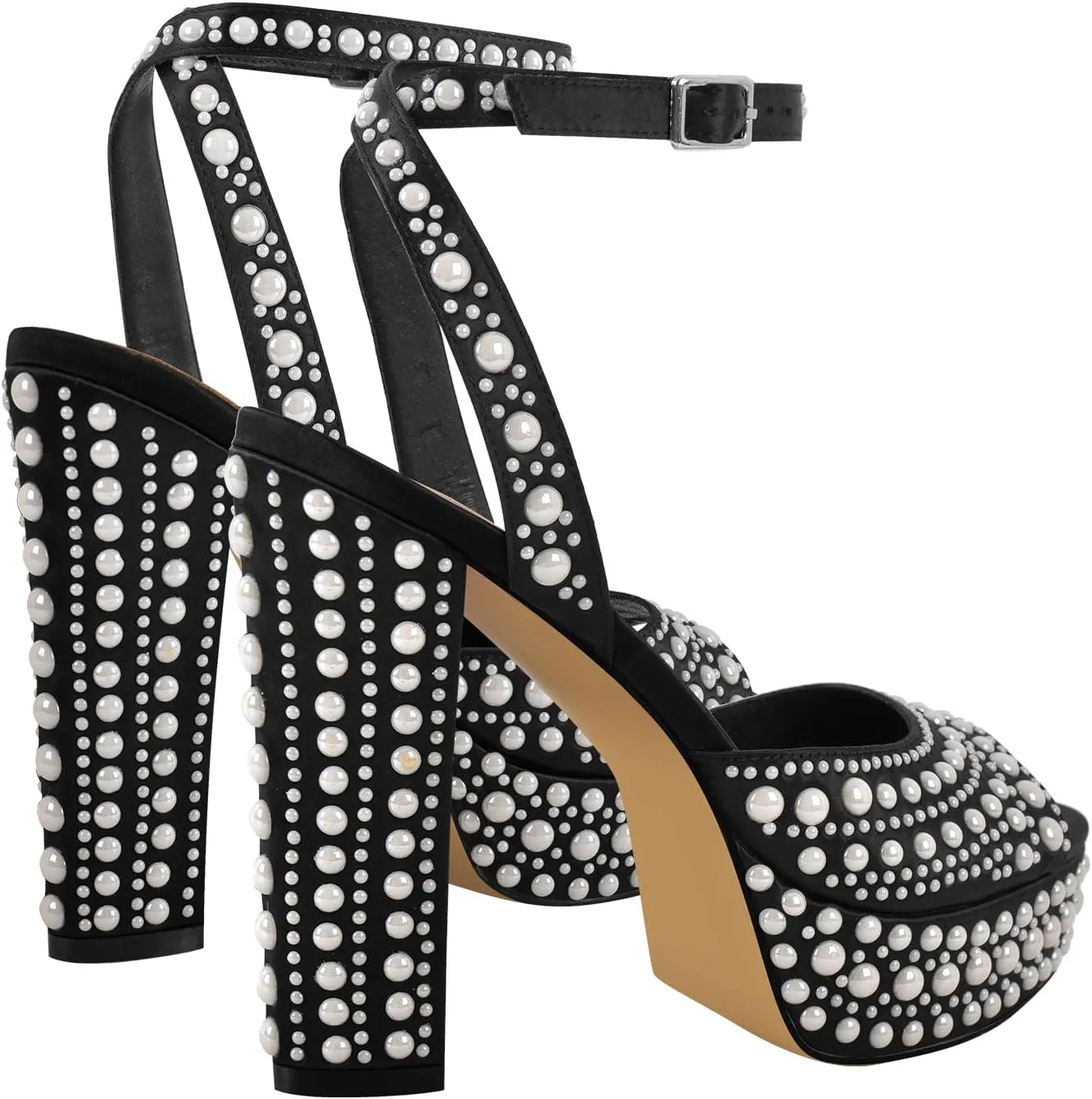Richealnana Women's Platform Pearl Chunky Heel Wedding Sandals Ankle Strap With Buckle Open Toe High Heel Sandals For Party Prom