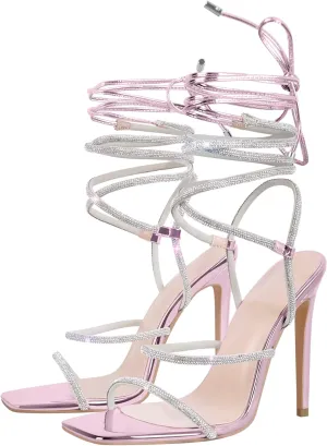 Richealnana Women's Rhinestones Square Toe Lace Up Strappy Sandals For Party Prom