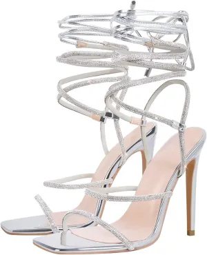 Richealnana Women's Rhinestones Square Toe Lace Up Strappy Sandals For Party Prom