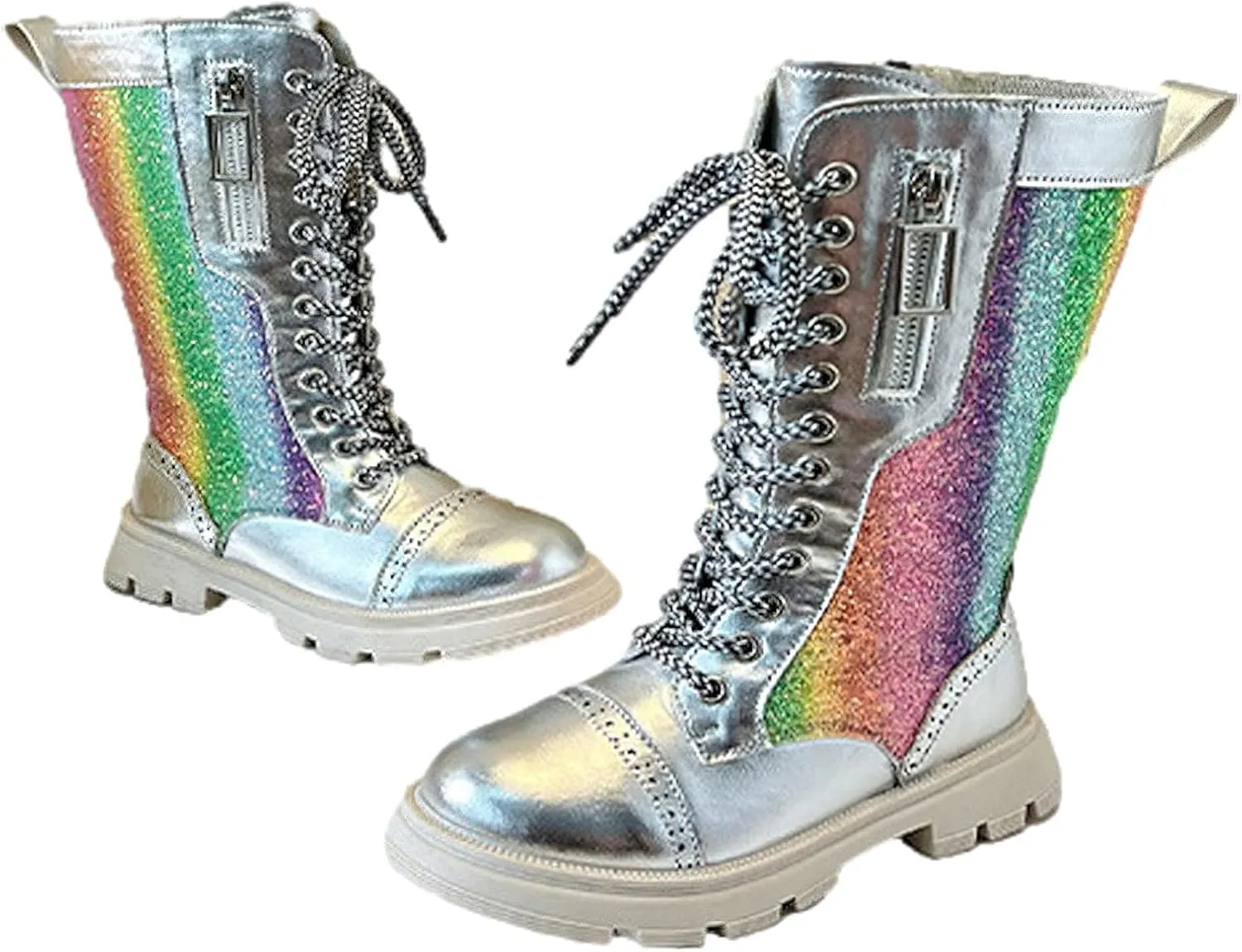 rismart Girls Knee High Boots with Side Zipper Lace-up Sparkly Riding Shoes for Kids Party Christmas Holiday