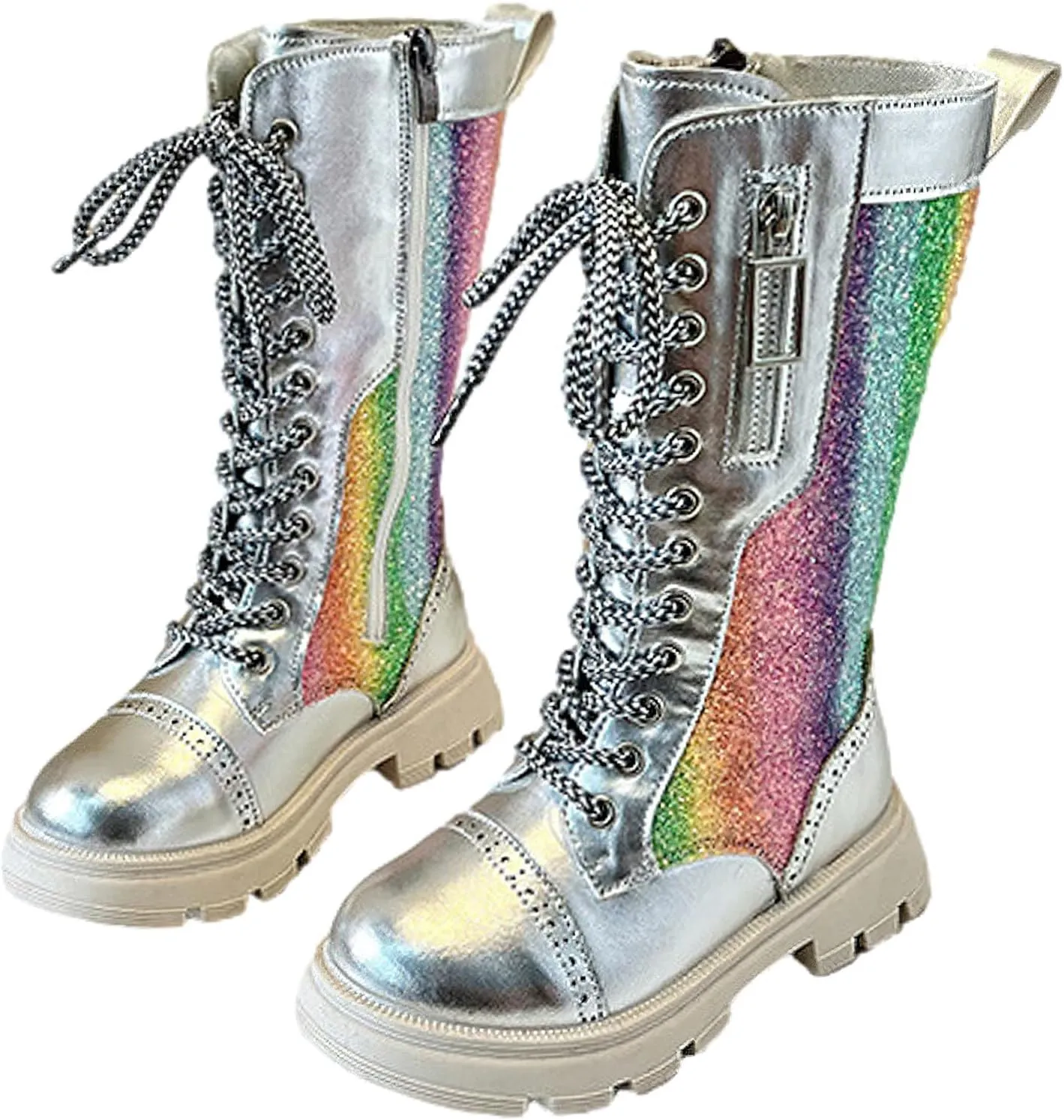 rismart Girls Knee High Boots with Side Zipper Lace-up Sparkly Riding Shoes for Kids Party Christmas Holiday