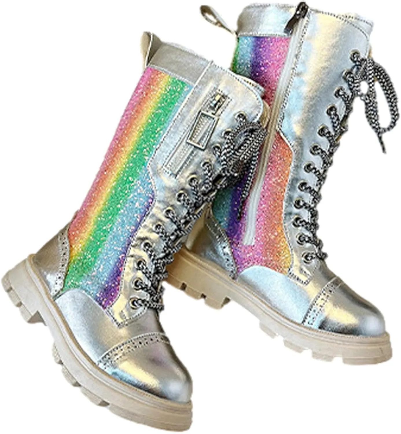 rismart Girls Knee High Boots with Side Zipper Lace-up Sparkly Riding Shoes for Kids Party Christmas Holiday
