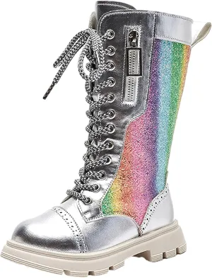 rismart Girls Knee High Boots with Side Zipper Lace-up Sparkly Riding Shoes for Kids Party Christmas Holiday