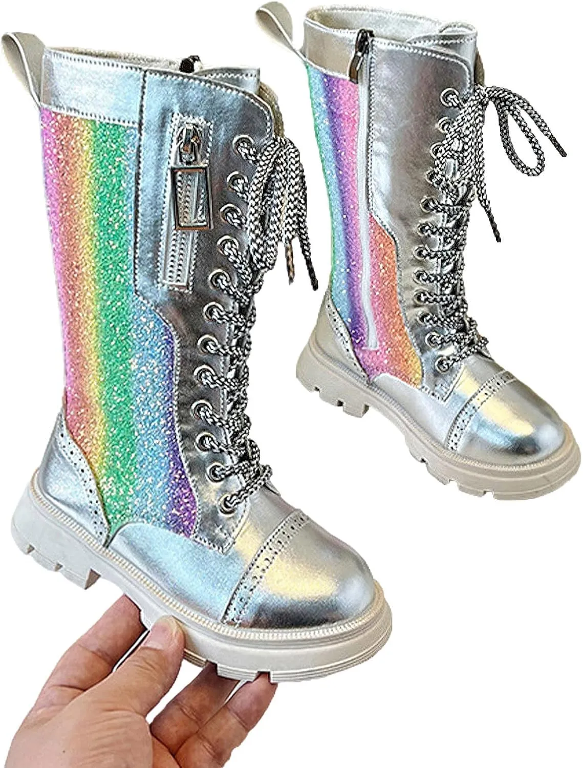 rismart Girls Knee High Boots with Side Zipper Lace-up Sparkly Riding Shoes for Kids Party Christmas Holiday