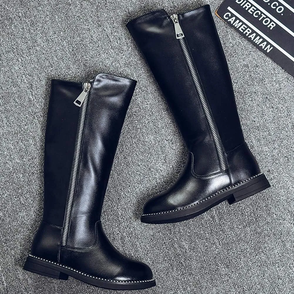 rismart Girls' Tall Riding Boots Flat Heel Side Zipper Winter Fur Lined Knee High Shoes