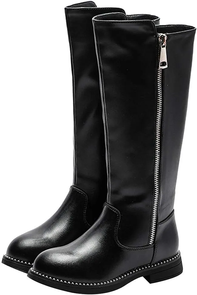 rismart Girls' Tall Riding Boots Flat Heel Side Zipper Winter Fur Lined Knee High Shoes