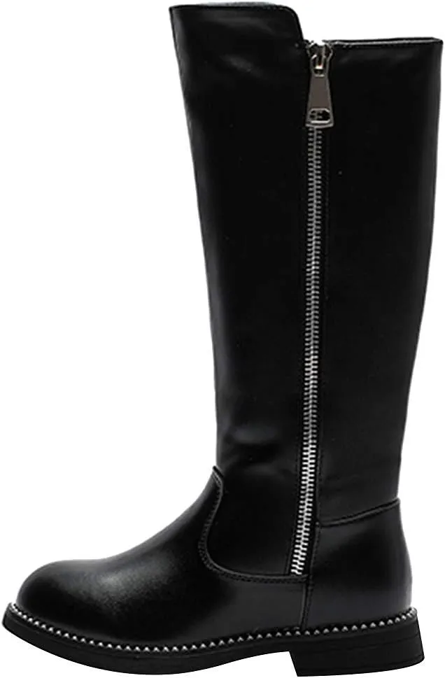 rismart Girls' Tall Riding Boots Flat Heel Side Zipper Winter Fur Lined Knee High Shoes